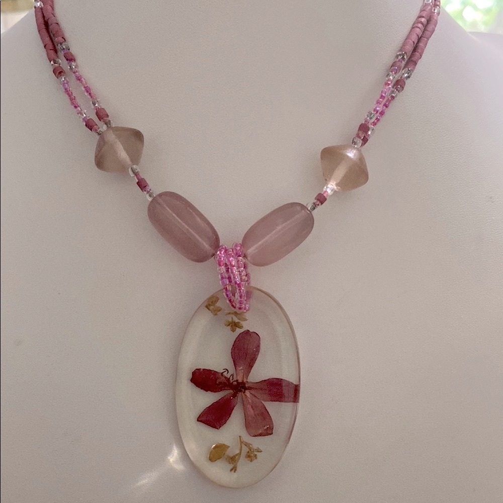 5 for $15 Unique, Pink and Gold Floral Lucite Pendant Necklace